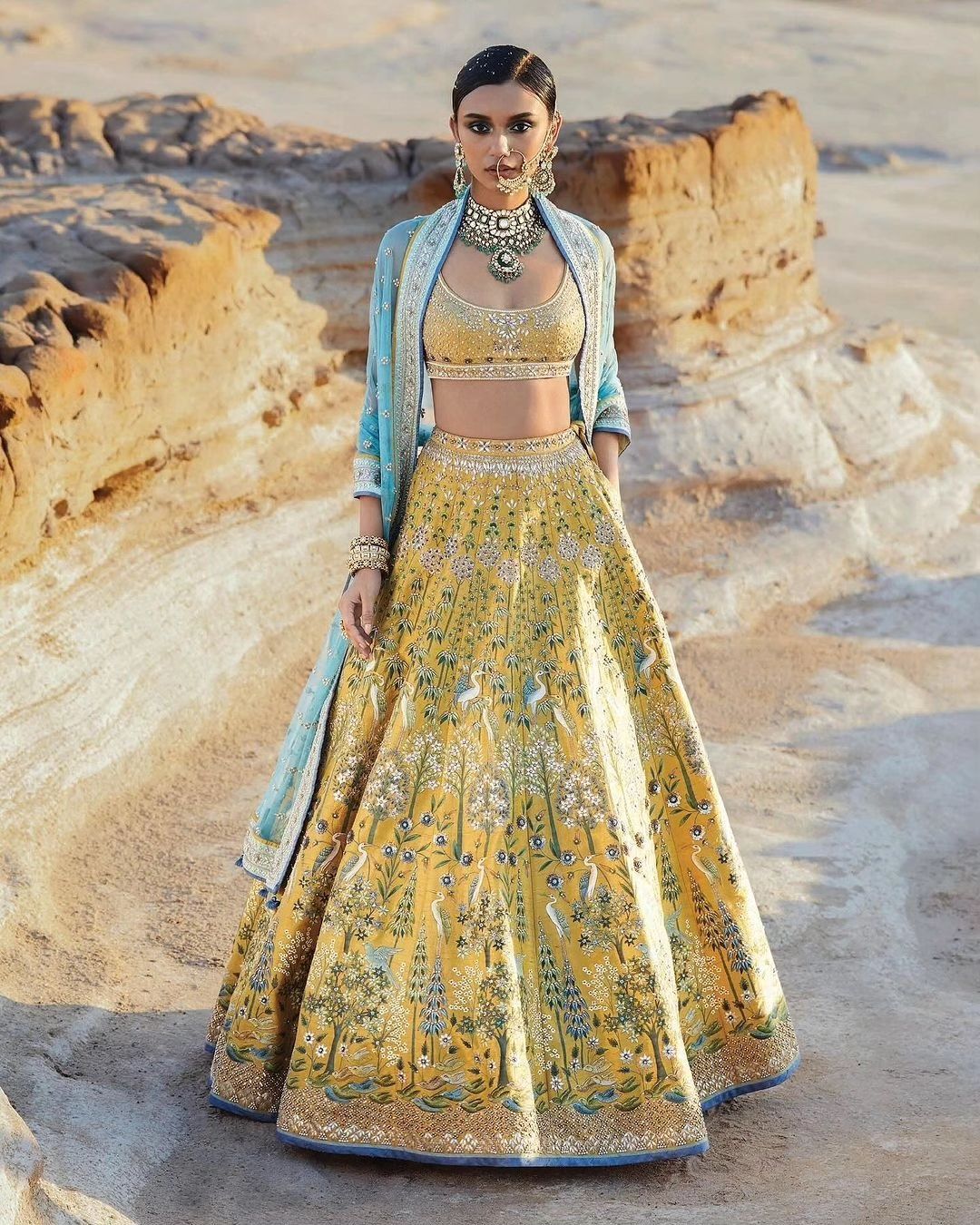 Yellow and Blue Bird Motif Printed Lehenga