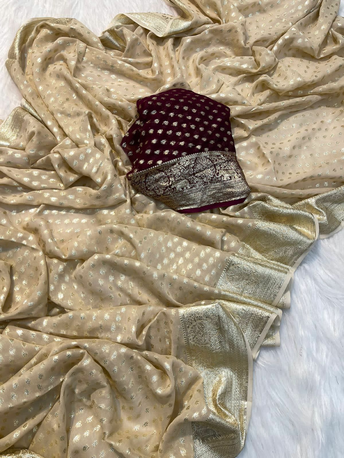 Ivory Champagne Silk Saree with Intricate Zari Booti Weaving