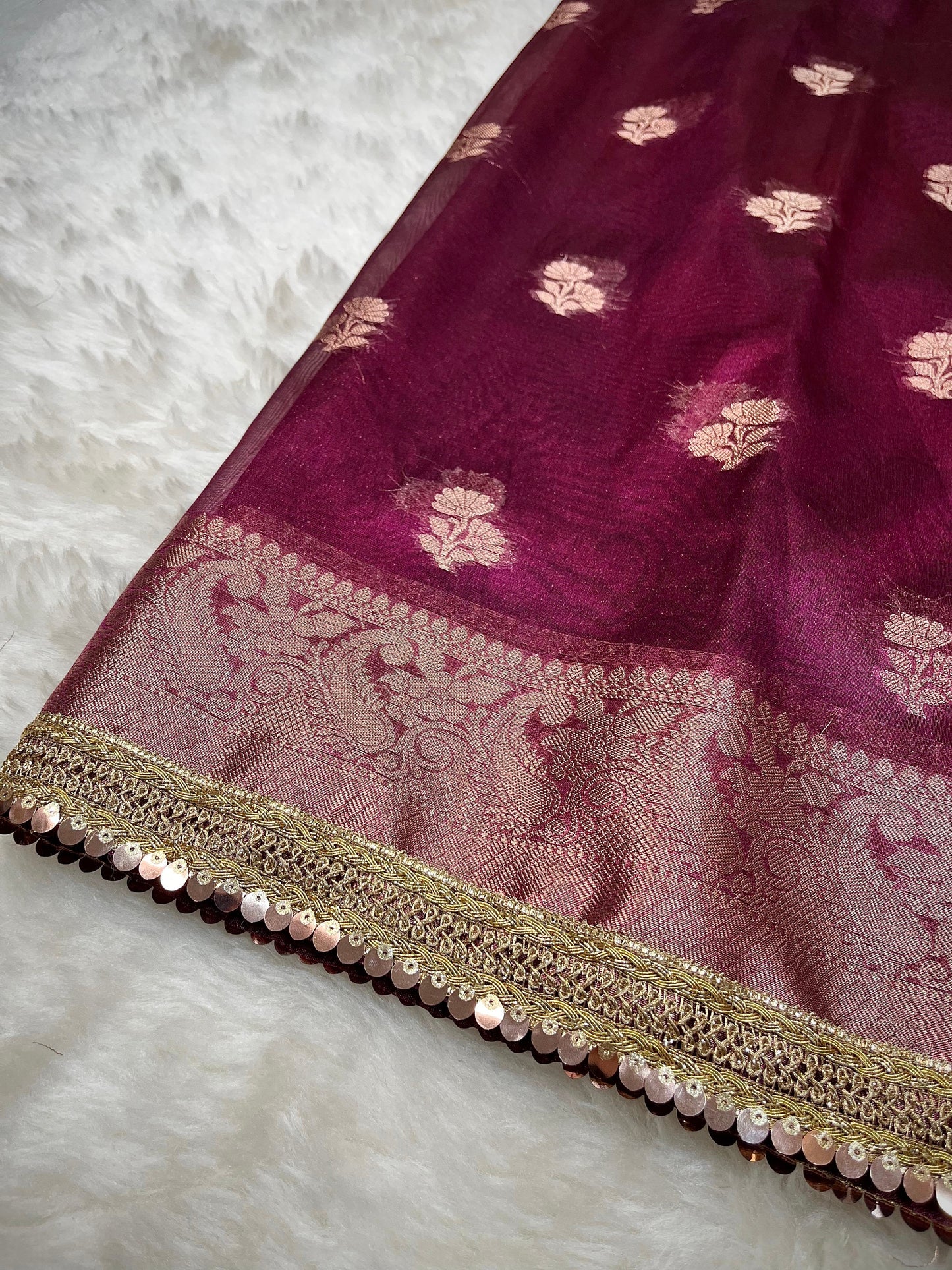 Garnet Hued Soft Silk Tissue Booti Saree