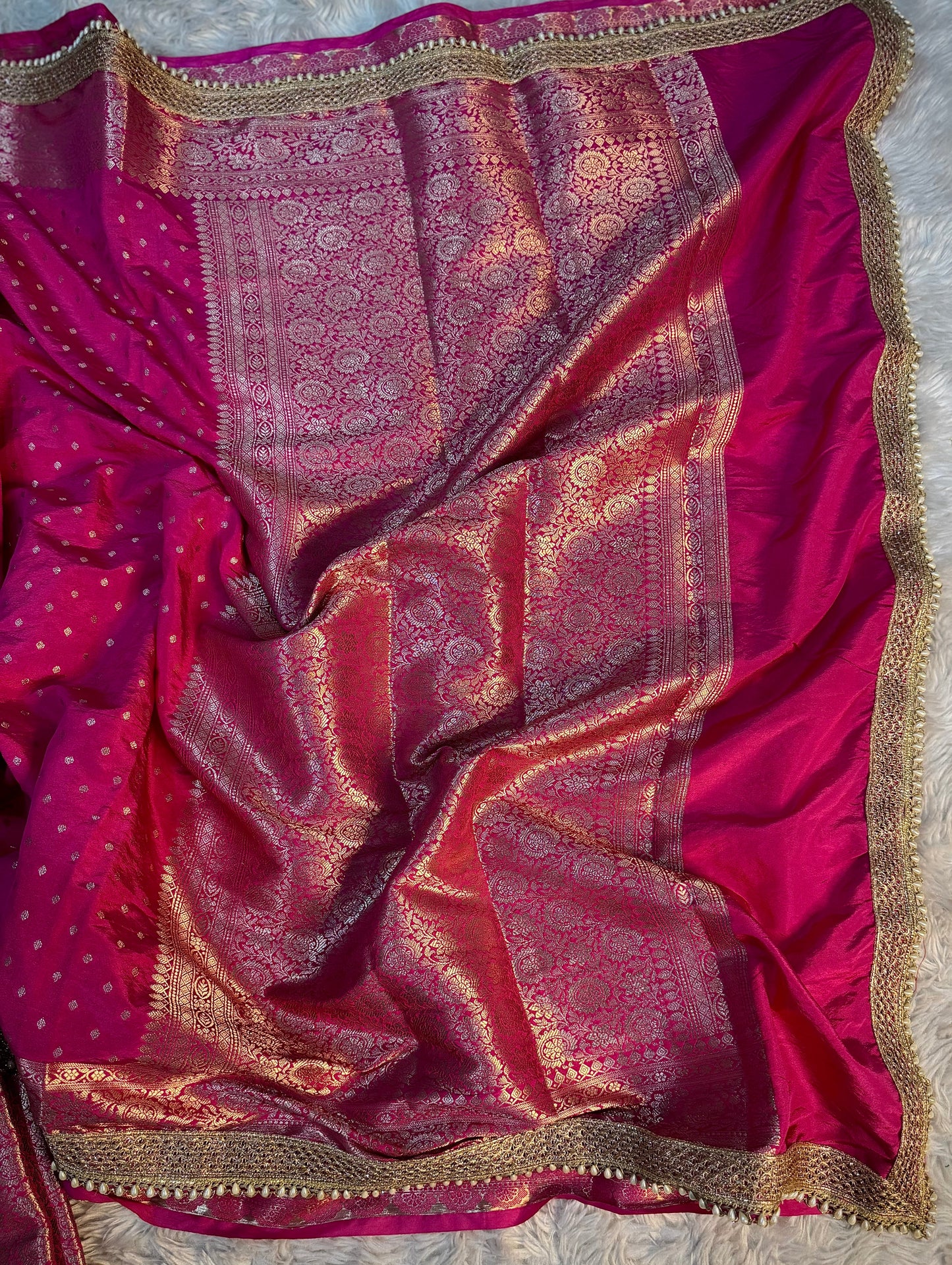 Fuchsia Pink Georgette Katan Silk Saree