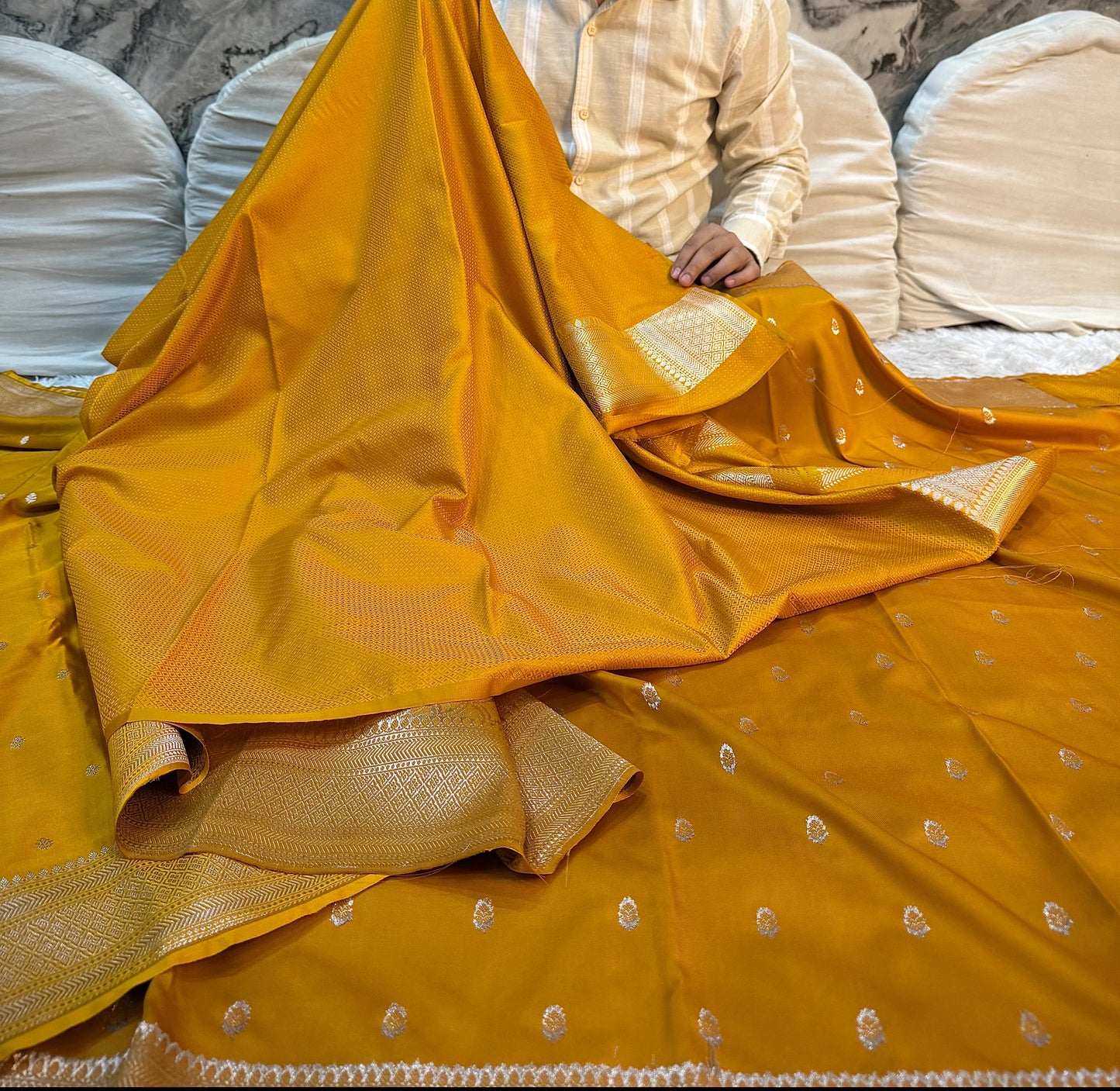 Mustard Mashru Katan Silk Saree with a Rich Traditional Weave