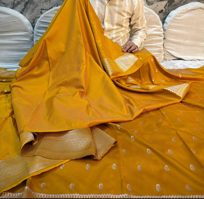 Mustard Mashru Katan Silk Saree with a Rich Traditional Weave