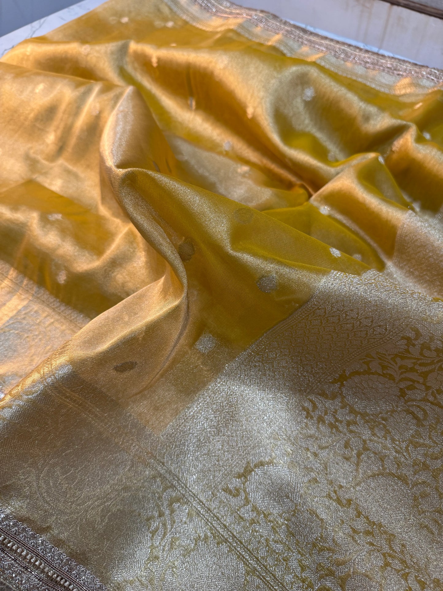 Amber Yellow Soft Tissue Silk Booti Saree