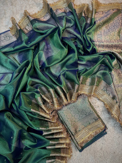 Teal Peacock Soft Tissue Silk Saree