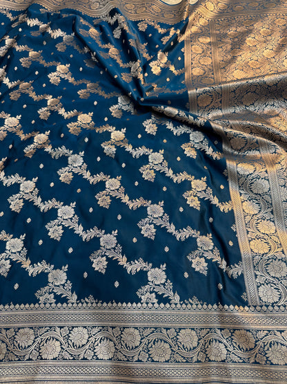 Prussian Blue Mashru Katan Silk Saree