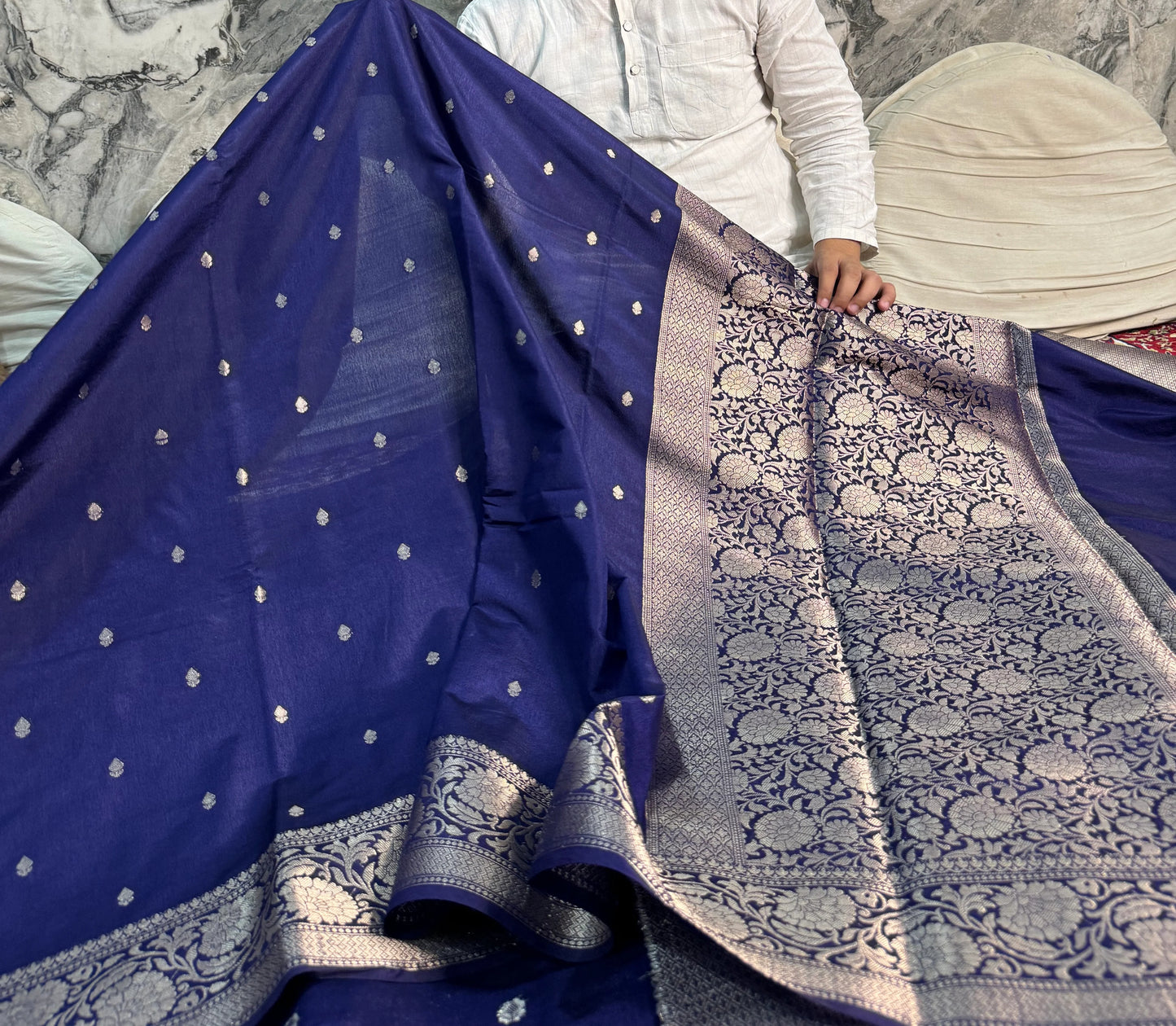 Navy Blue Georgette Katan Silk Saree