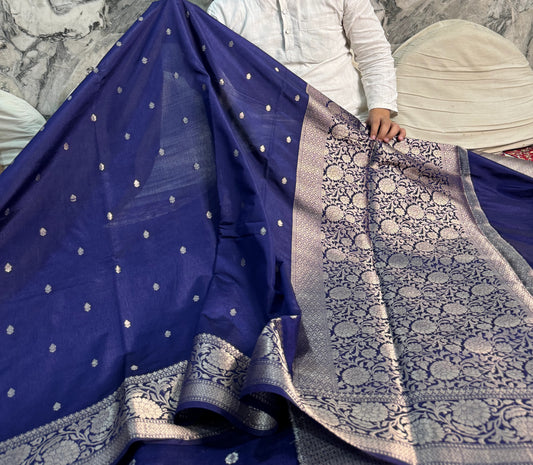 Navy Blue Georgette Katan Silk Saree