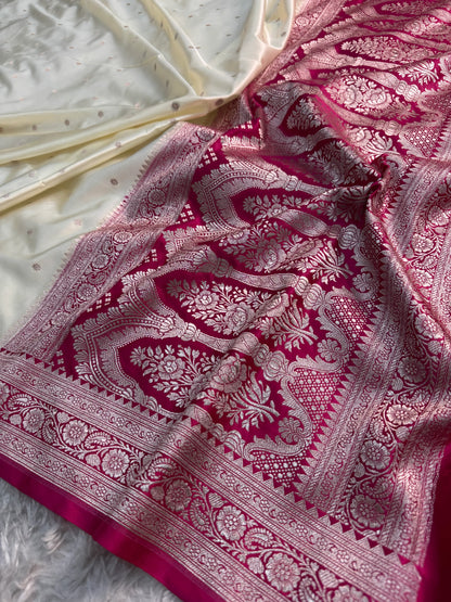 Ivory & Fuchsia Mashru Katan Silk Saree
