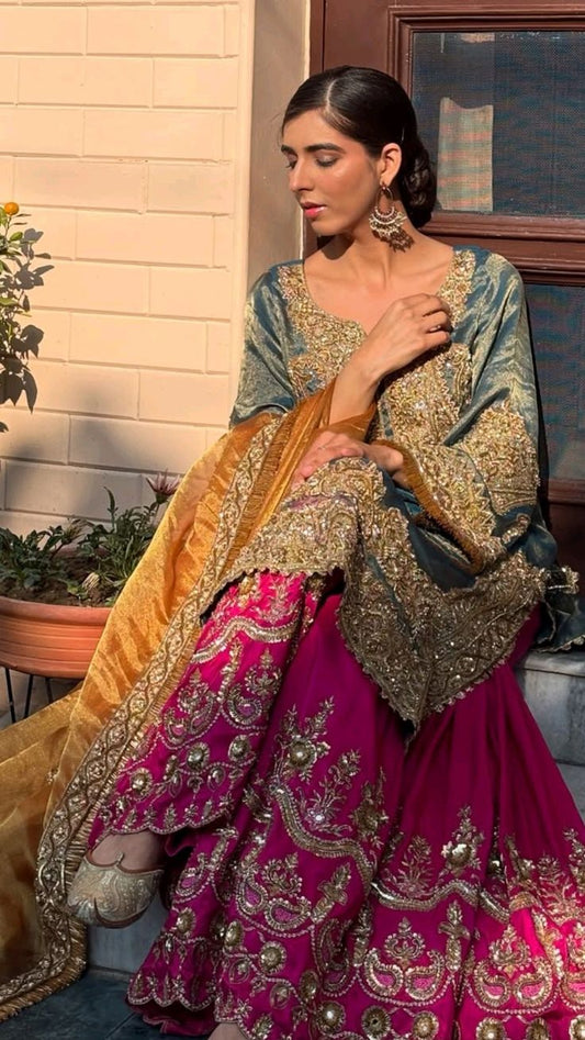 Teal Magenta Zardozi Sharara Set