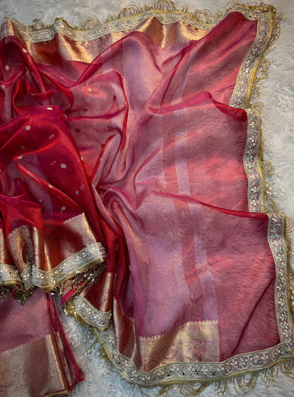 Rose Crimson Soft Silk Tissue Booti Saree