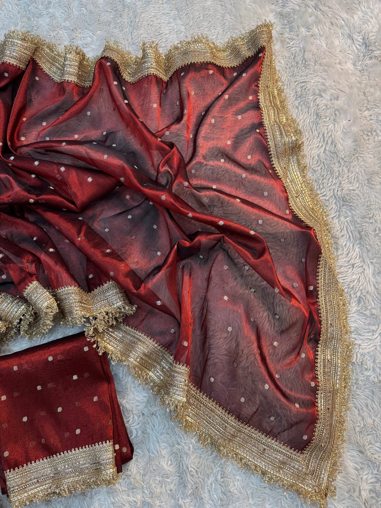 Crimson Wine Soft Tissue Silk Booti Saree