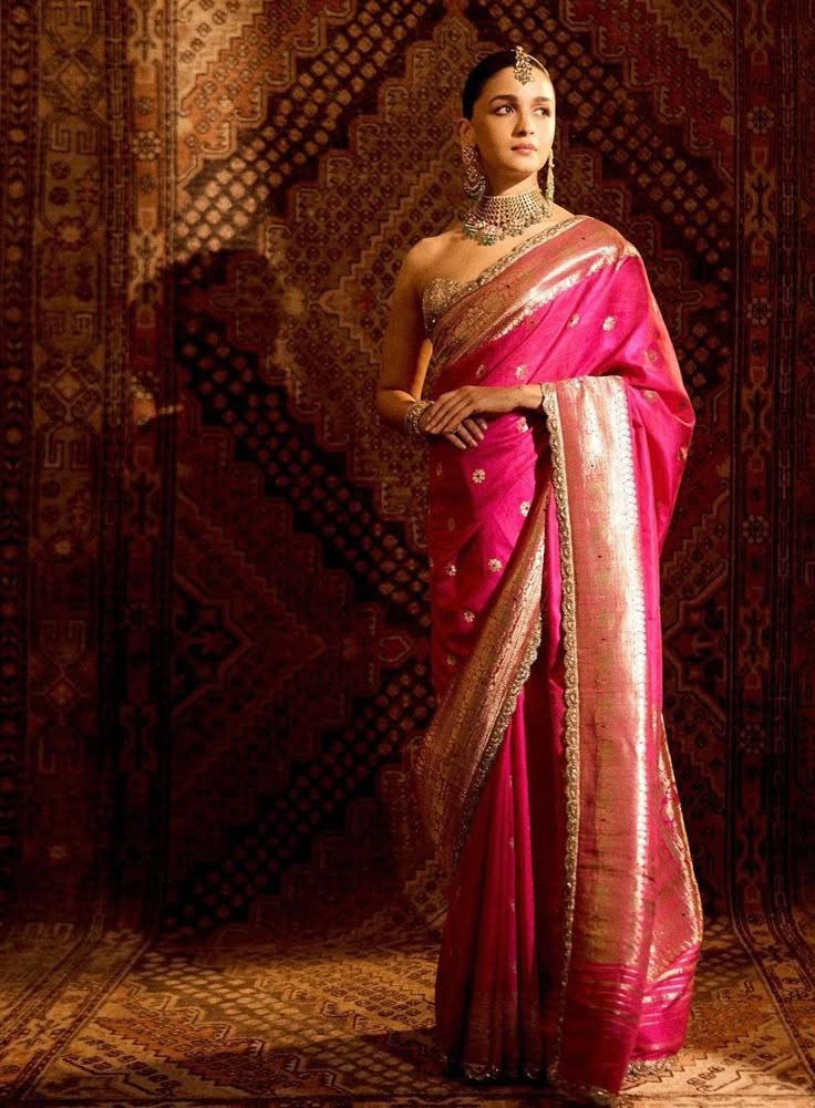 Fuchsia Gold Cutwork Saree Set
