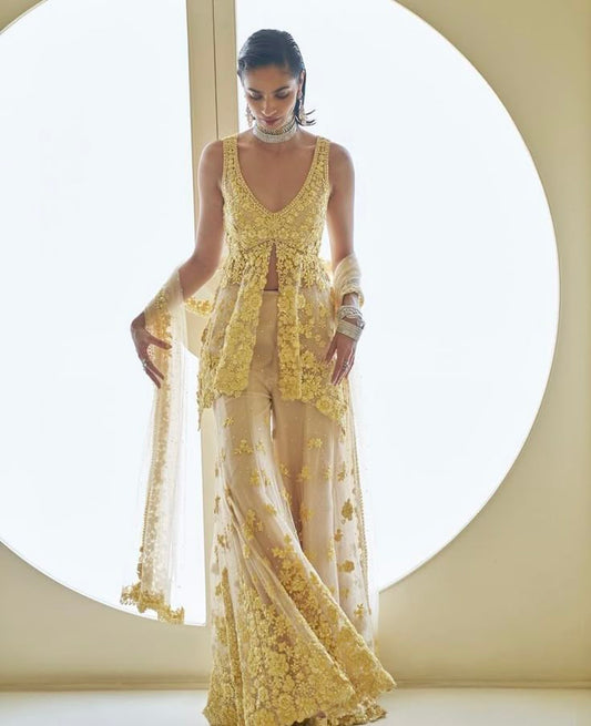Lemon Yellow 3D Floral Sharara