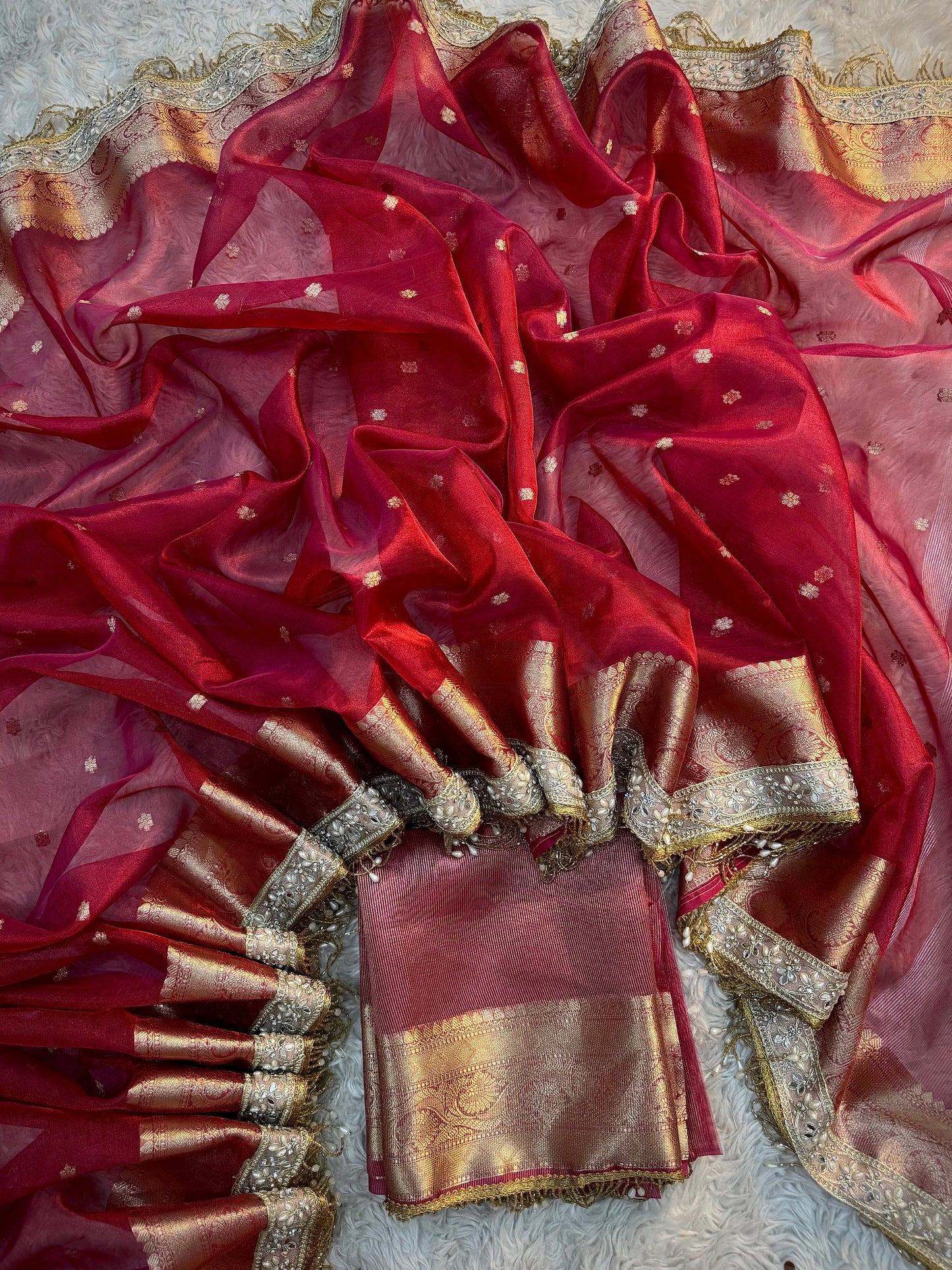 Rose Crimson Soft Silk Tissue Booti Saree