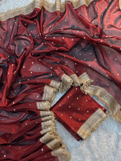 Crimson Wine Soft Tissue Silk Booti Saree