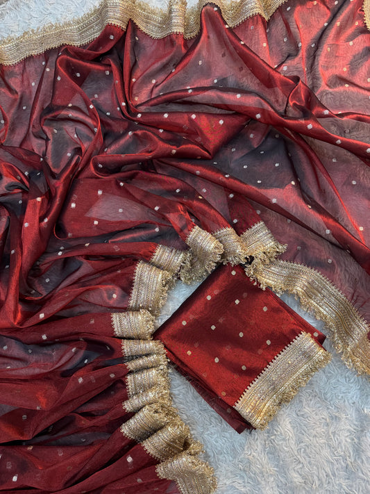 Crimson Wine Soft Tissue Silk Booti Saree