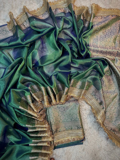 Teal Peacock Soft Tissue Silk Saree