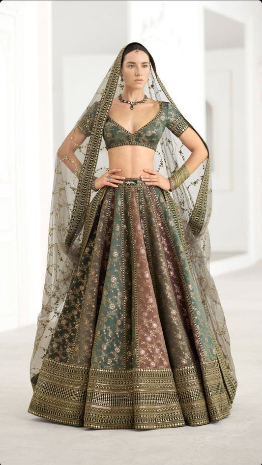 Olive Multi-Panel Brocade Lehenga
