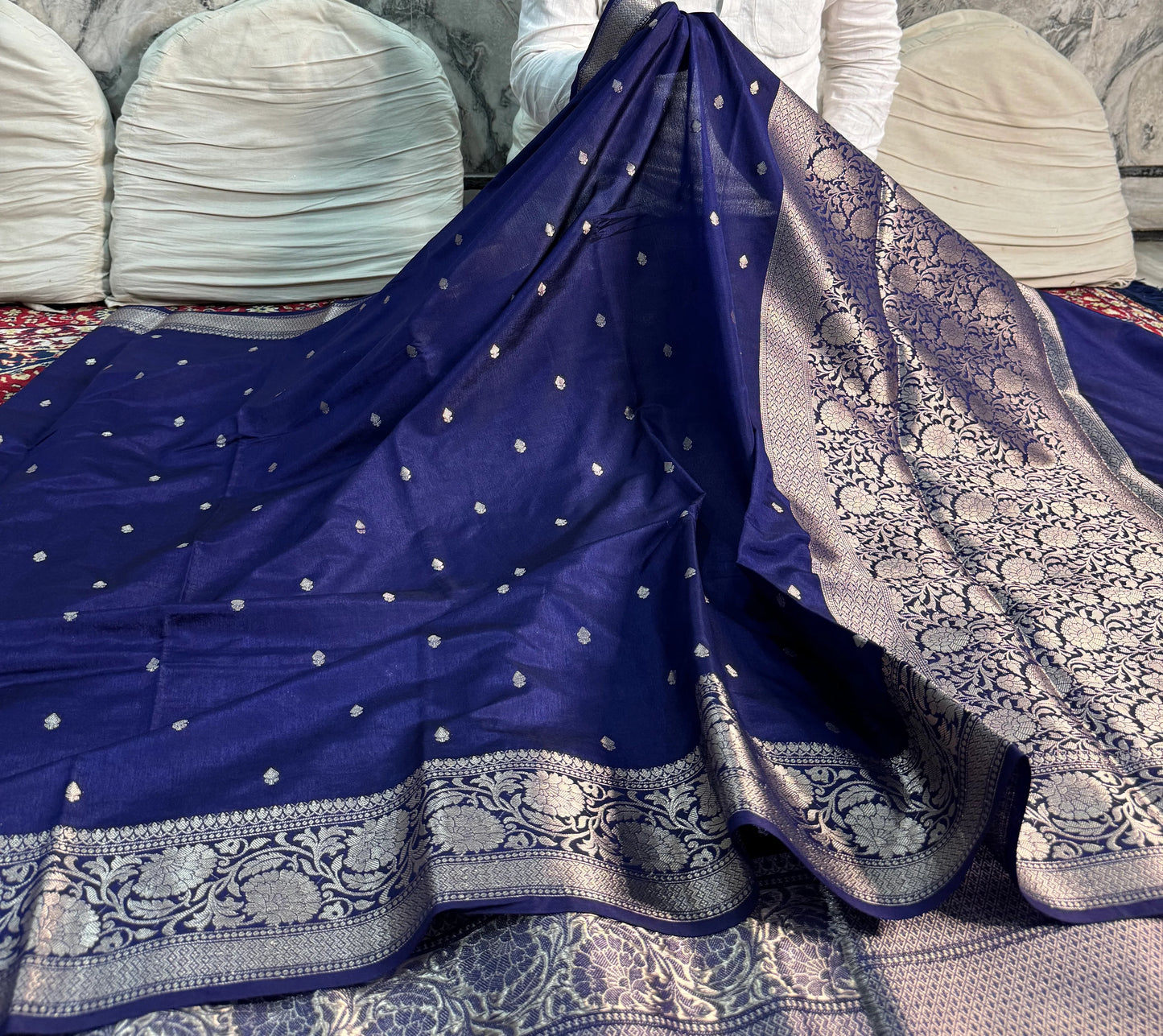 Navy Blue Georgette Katan Silk Saree