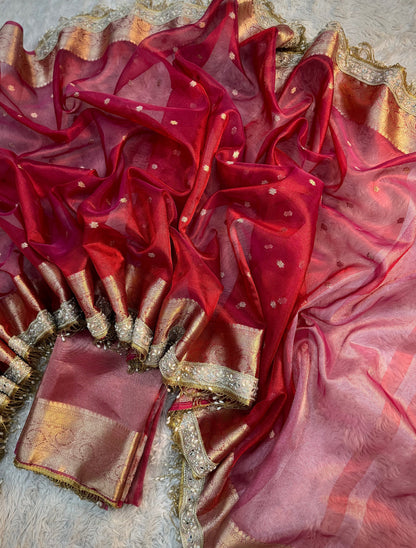 Rose Crimson Soft Silk Tissue Booti Saree