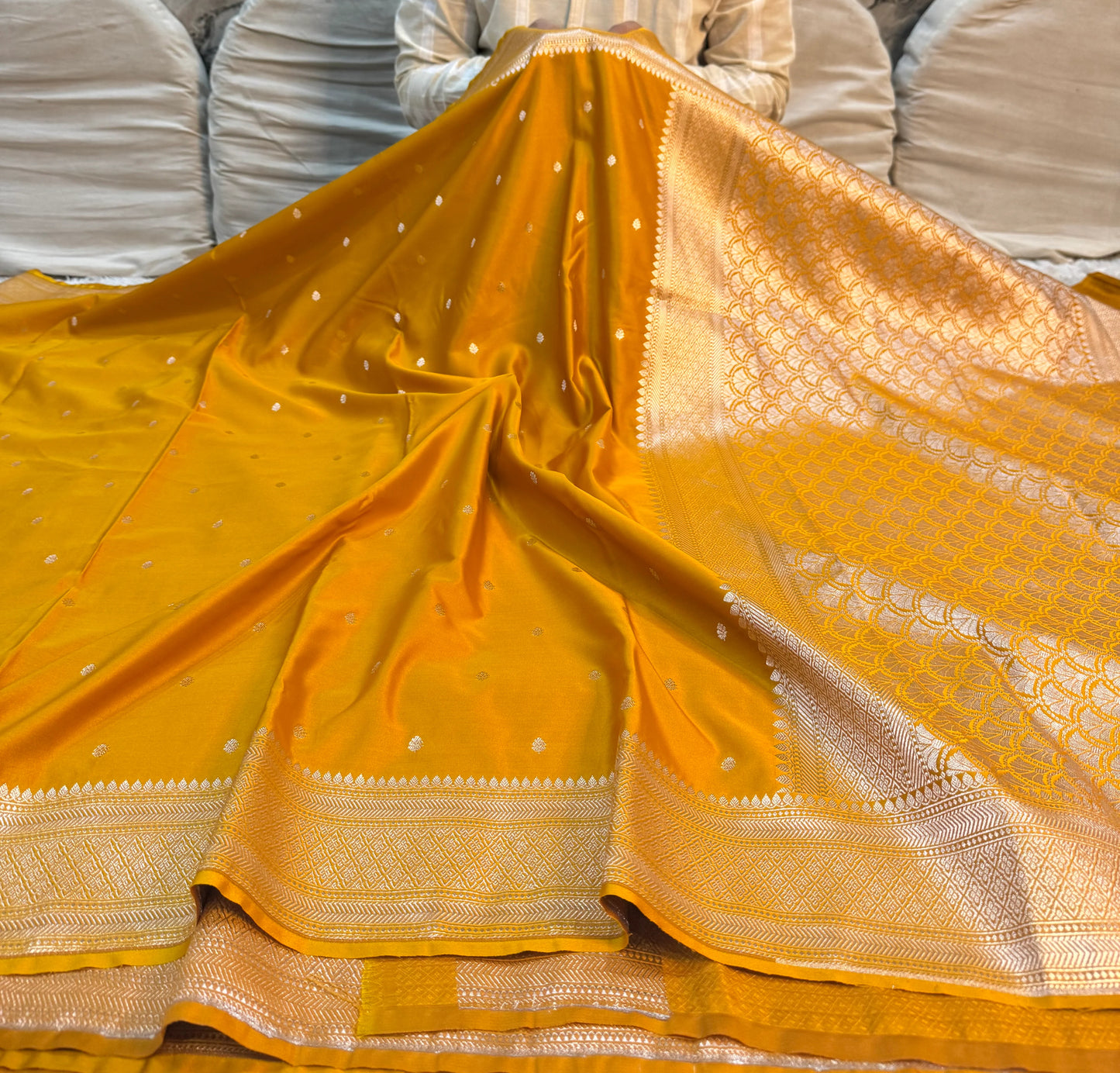 Mustard Mashru Katan Silk Saree with a Rich Traditional Weave