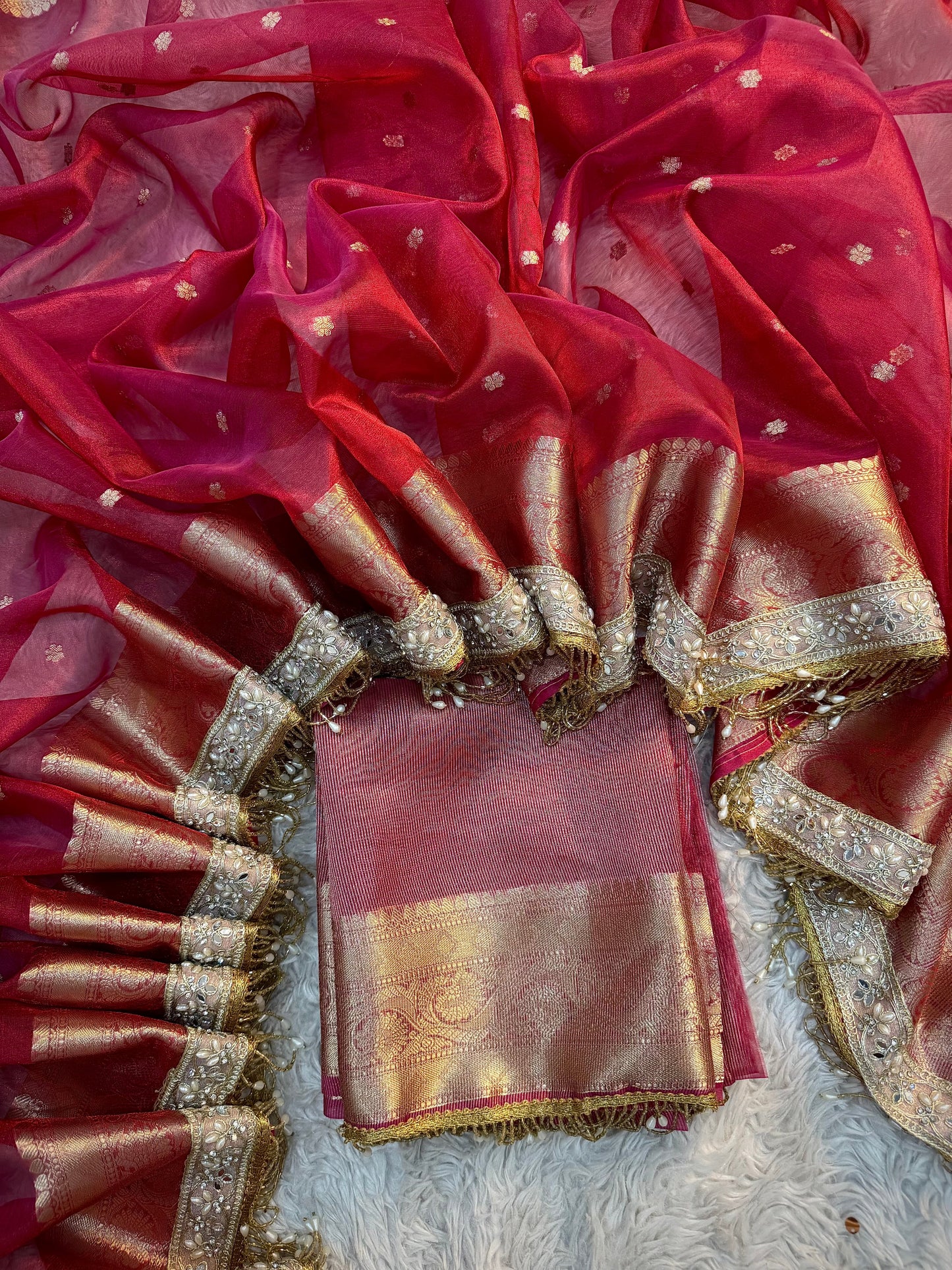 Rose Crimson Soft Silk Tissue Booti Saree