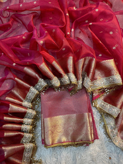 Rose Crimson Soft Silk Tissue Booti Saree