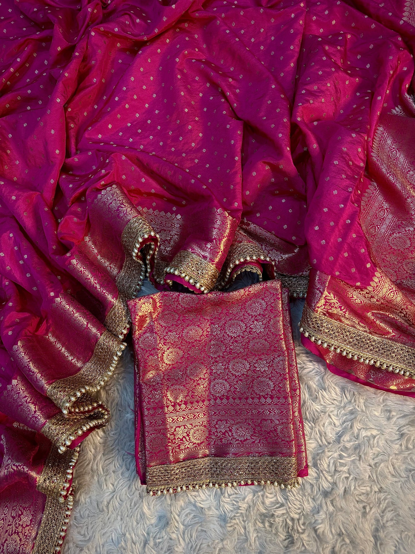 Fuchsia Pink Georgette Katan Silk Saree