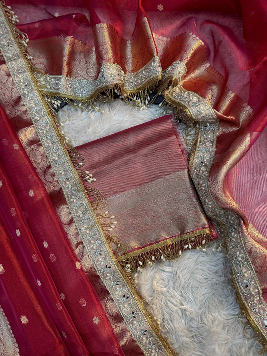 Rose Crimson Soft Silk Tissue Booti Saree