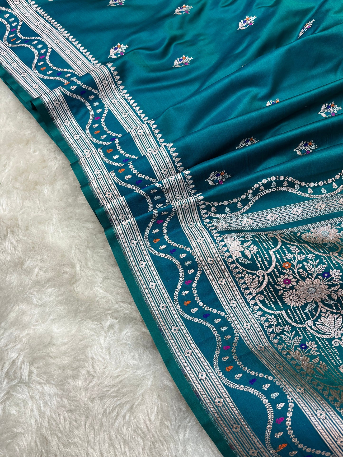 Teal Blue Mashru katan Silk Saree