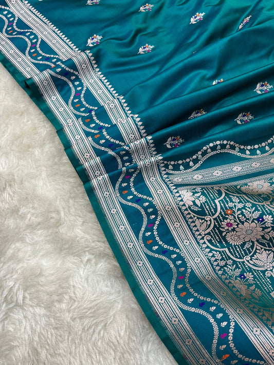 Teal Blue Mashru katan Silk Saree