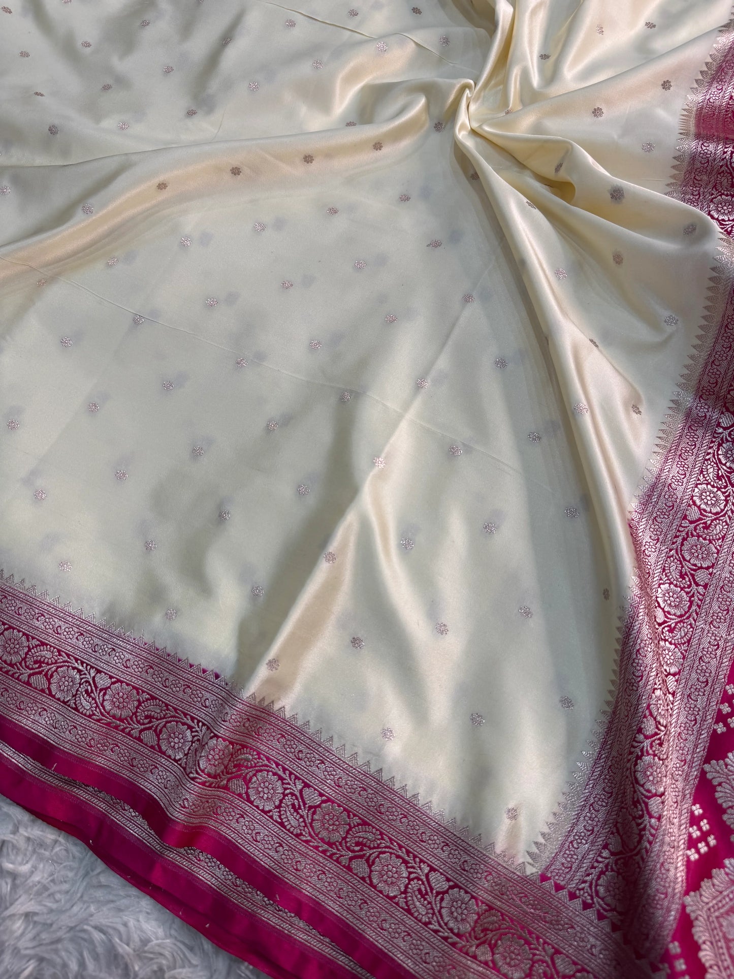 Ivory & Fuchsia Mashru Katan Silk Saree