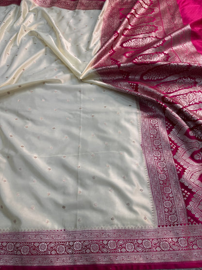 Ivory & Fuchsia Mashru Katan Silk Saree