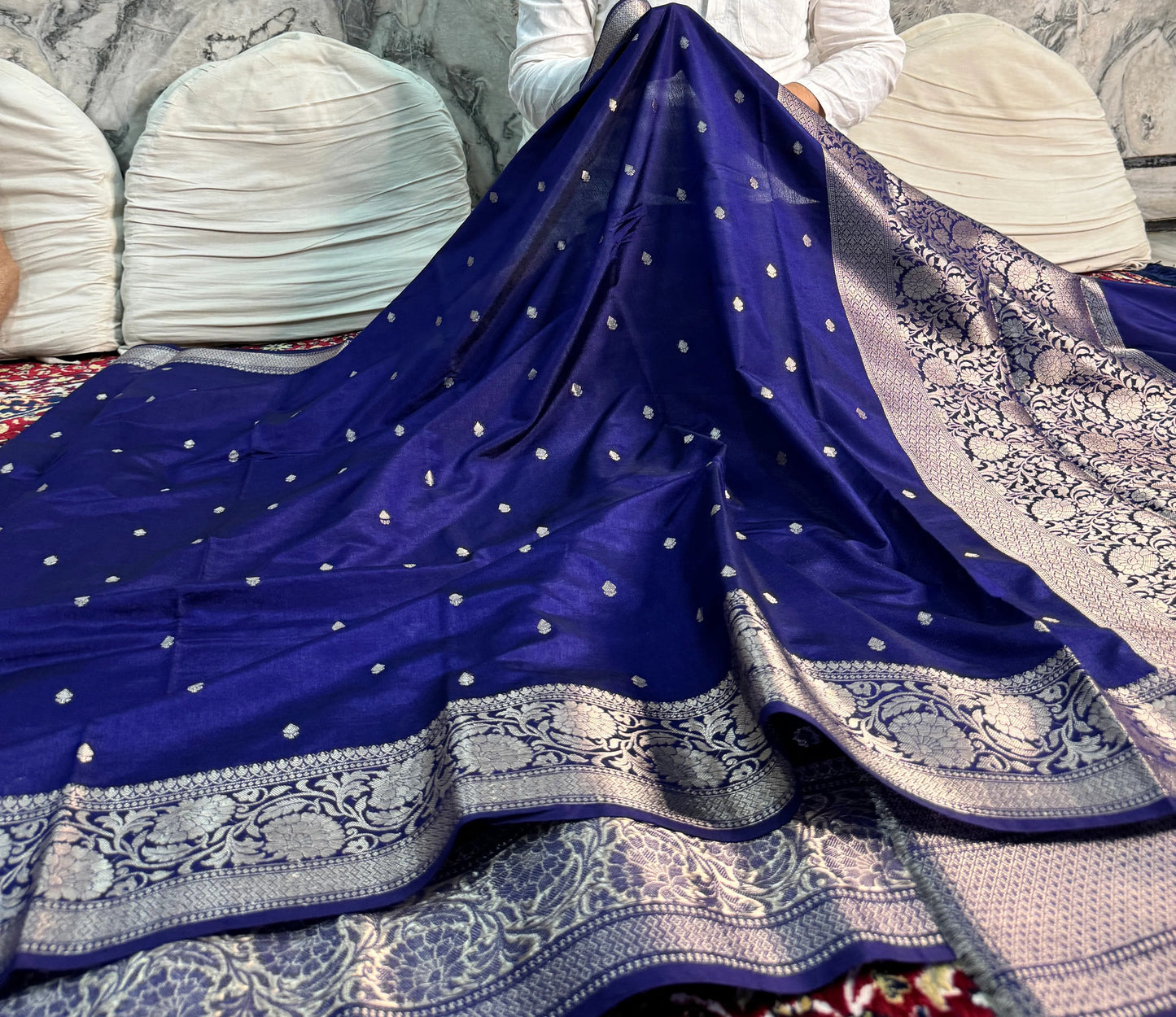 Navy Blue Georgette Katan Silk Saree