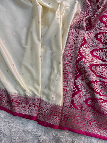 Ivory & Fuchsia Mashru Katan Silk Saree