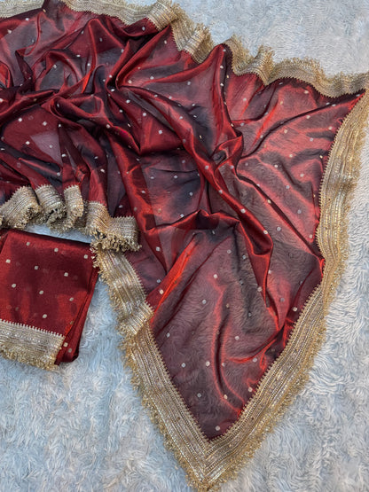 Crimson Wine Soft Tissue Silk Booti Saree