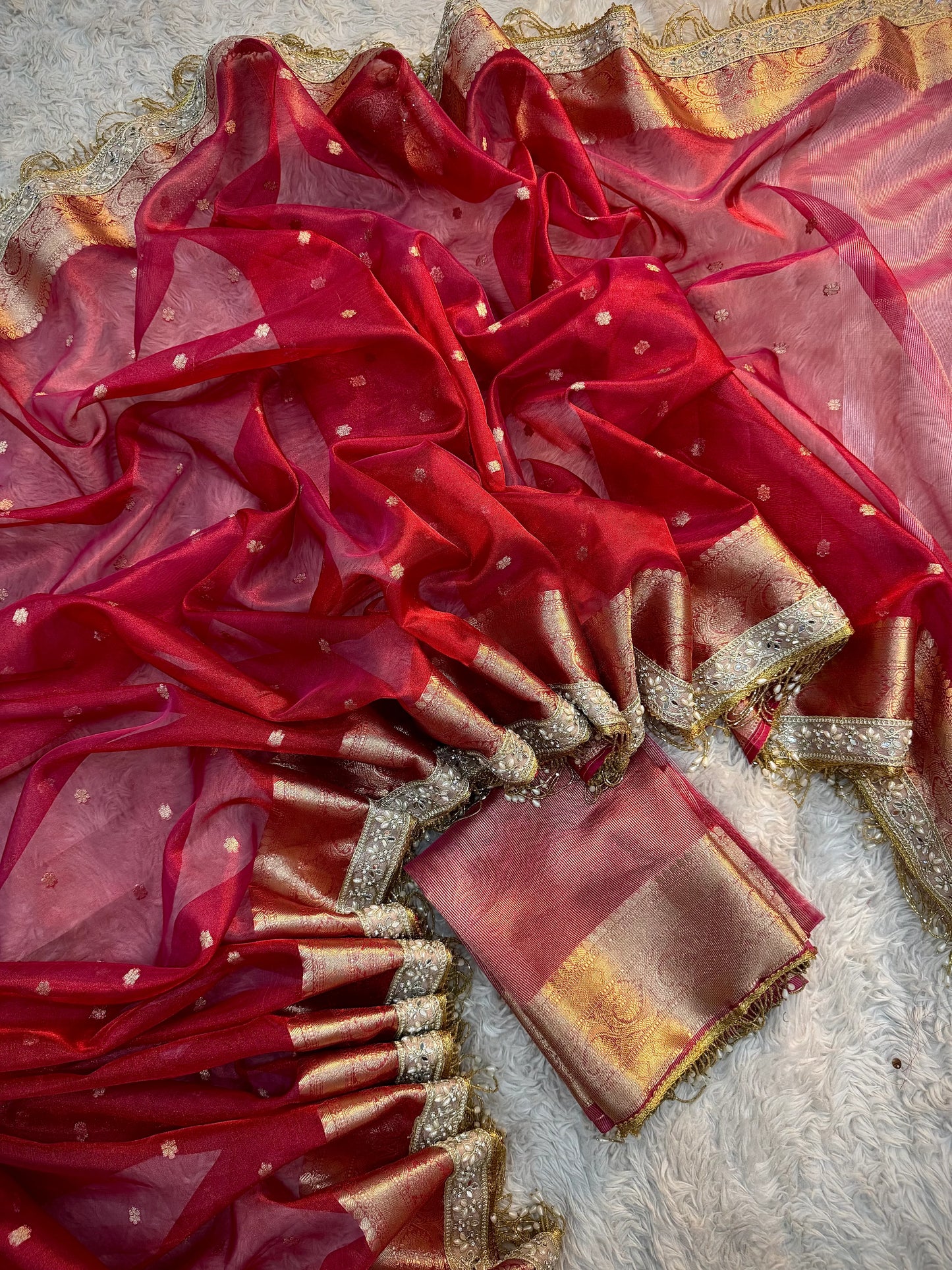 Rose Crimson Soft Silk Tissue Booti Saree