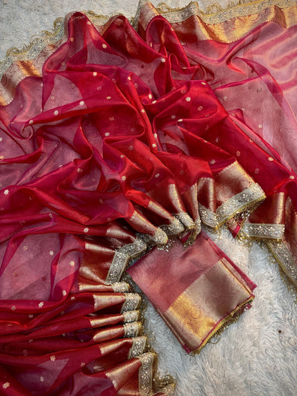Rose Crimson Soft Silk Tissue Booti Saree