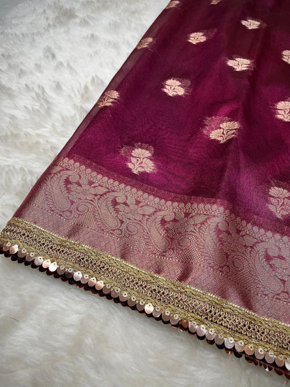 Garnet Hued Soft Silk Tissue Booti Saree