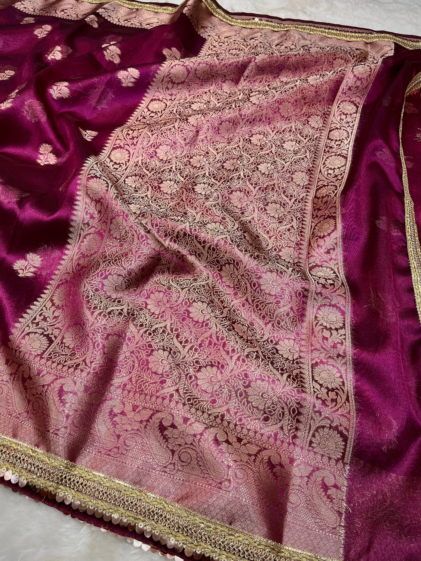 Garnet Hued Soft Silk Tissue Booti Saree