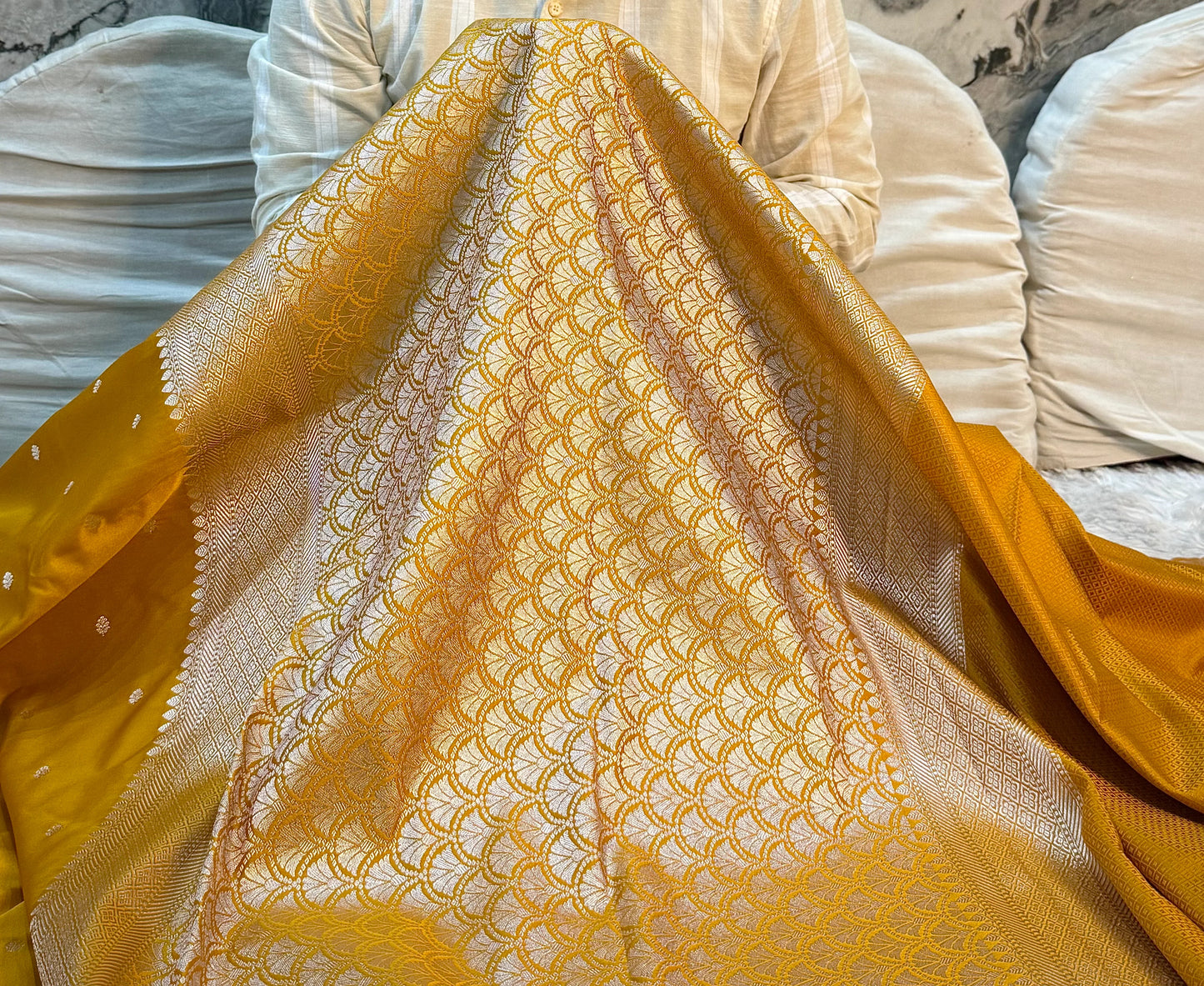 Mustard Mashru Katan Silk Saree with a Rich Traditional Weave