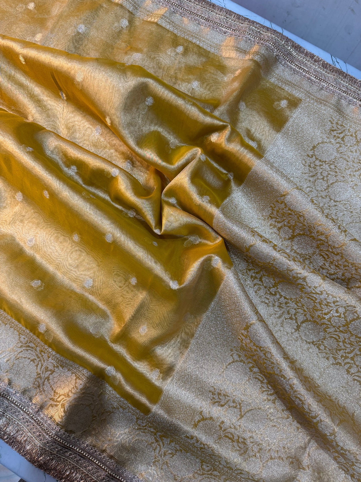 Amber Yellow Soft Tissue Silk Booti Saree