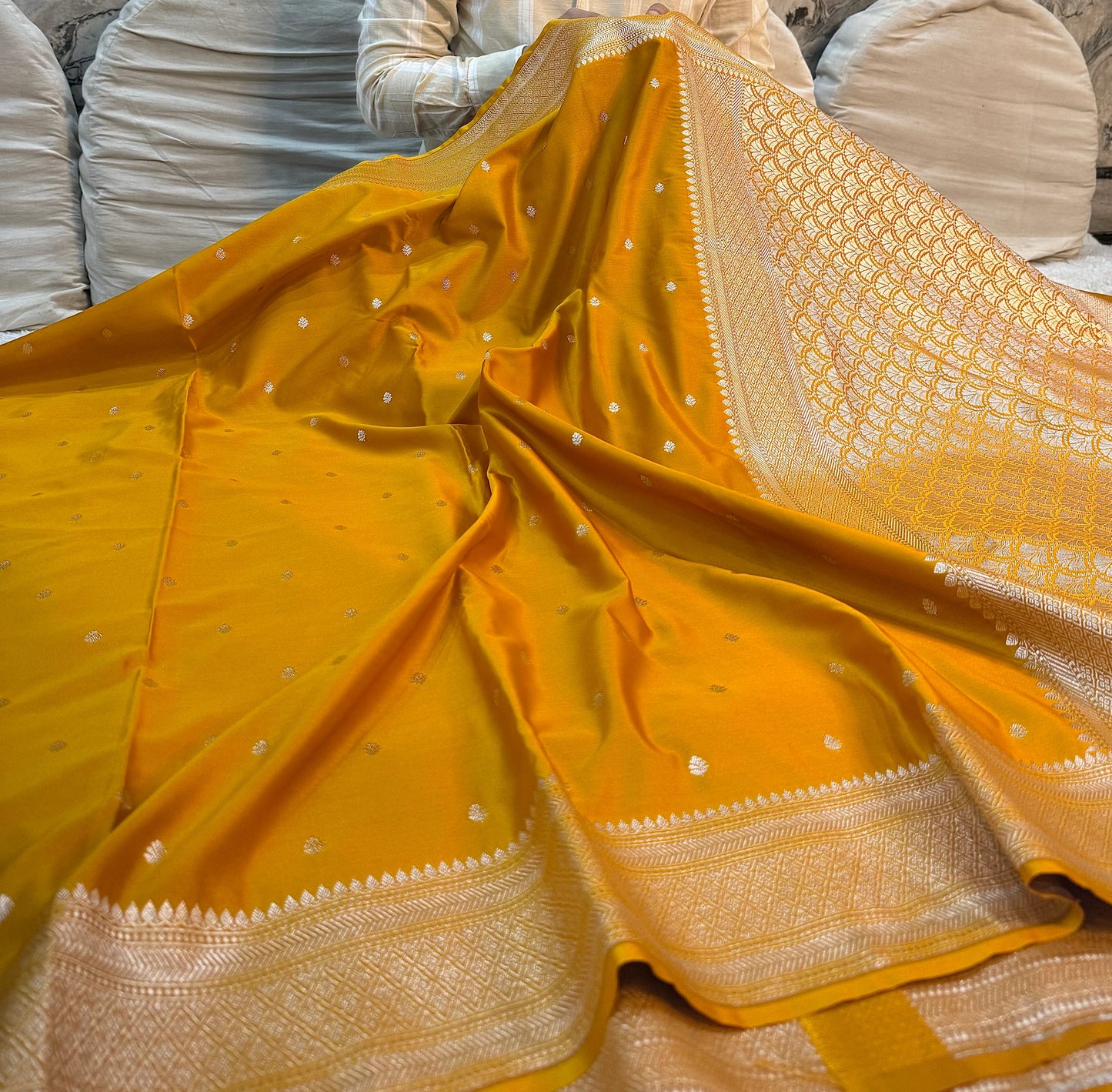 Mustard Mashru Katan Silk Saree with a Rich Traditional Weave