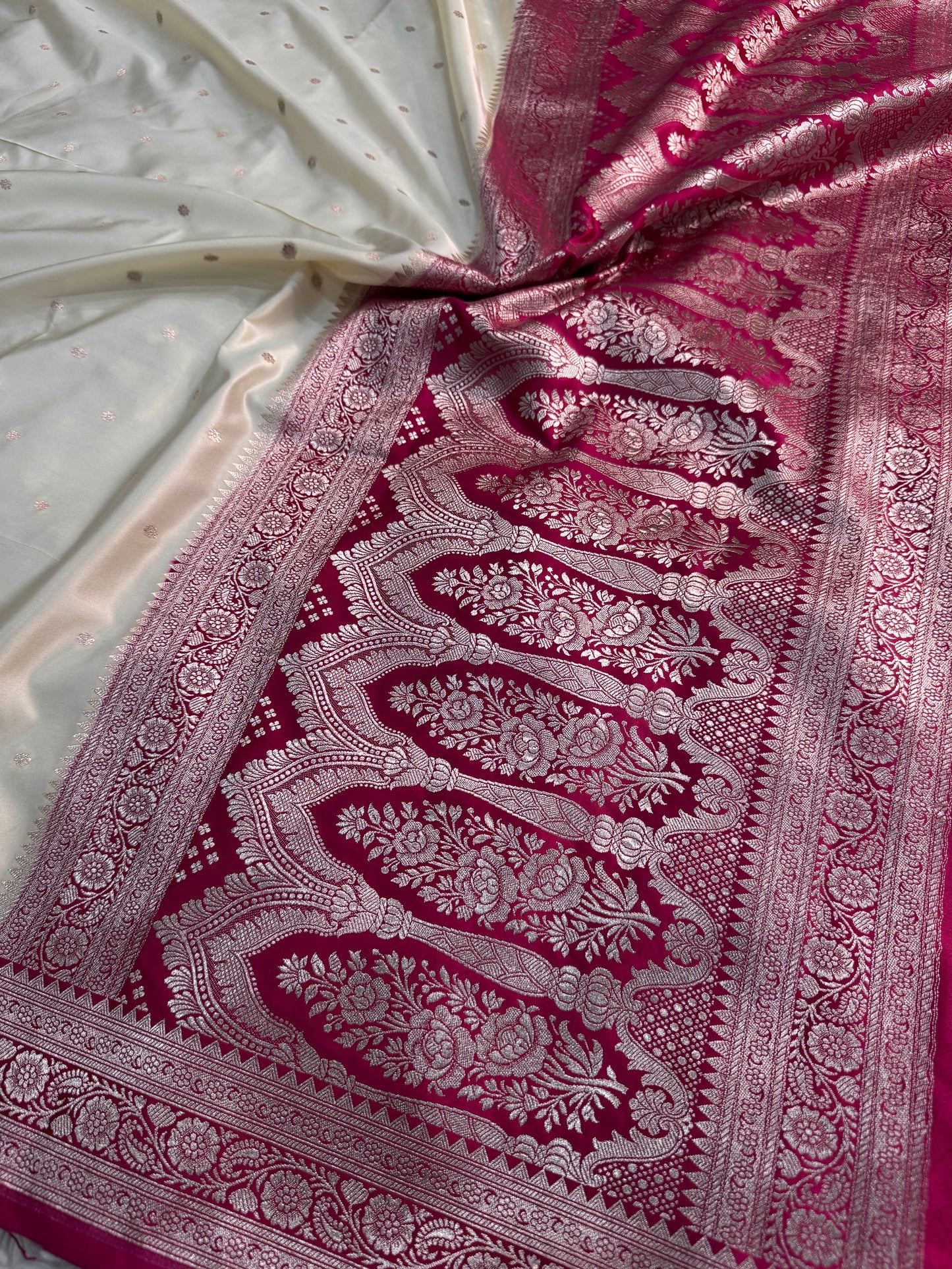 Ivory & Fuchsia Mashru Katan Silk Saree