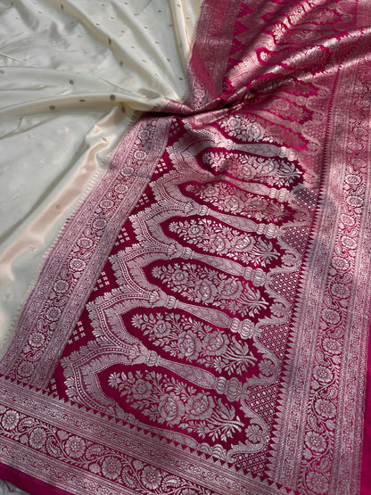 Ivory & Fuchsia Mashru Katan Silk Saree