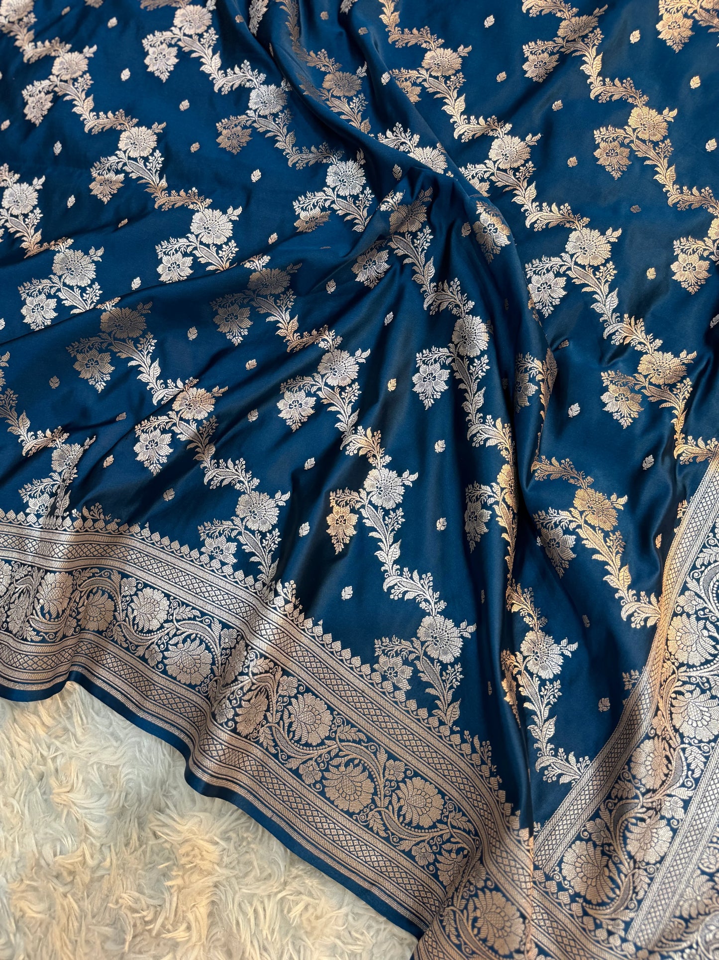 Prussian Blue Mashru Katan Silk Saree