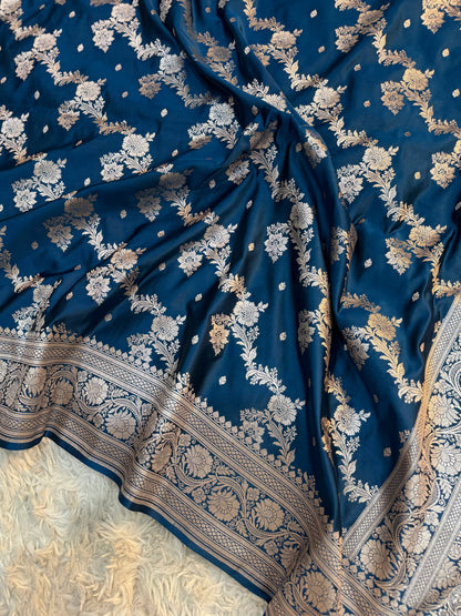Prussian Blue Mashru Katan Silk Saree
