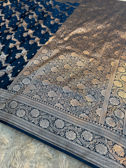 Prussian Blue Mashru Katan Silk Saree