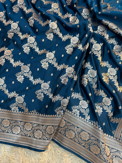 Prussian Blue Mashru Katan Silk Saree