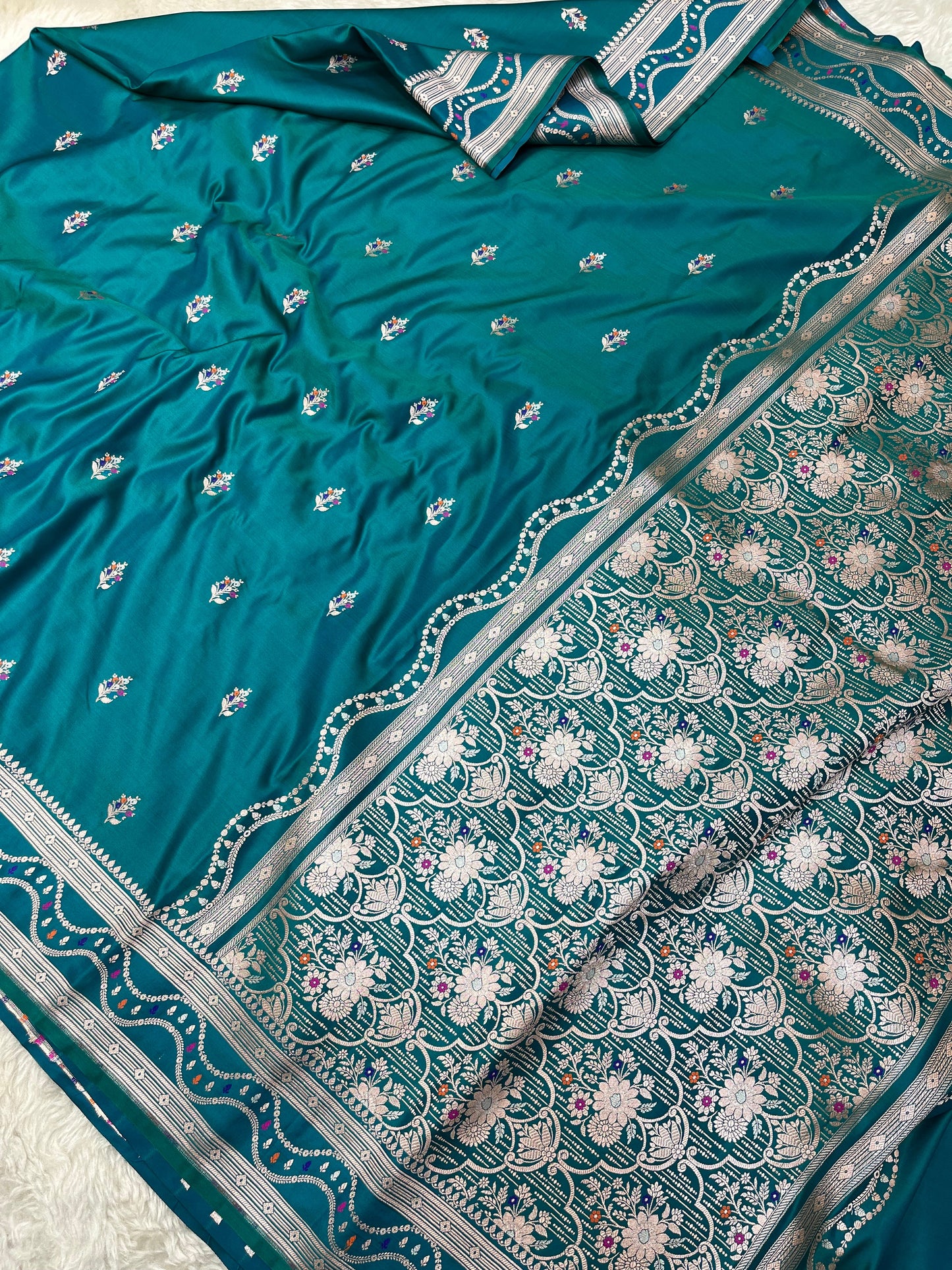 Teal Blue Mashru katan Silk Saree
